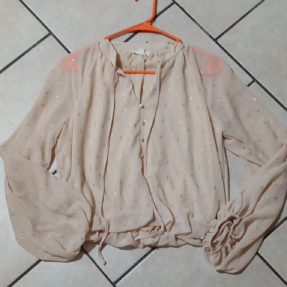 BLU PEPPER Womens Size S Cream & Gold Dotted Semi Sheer Top